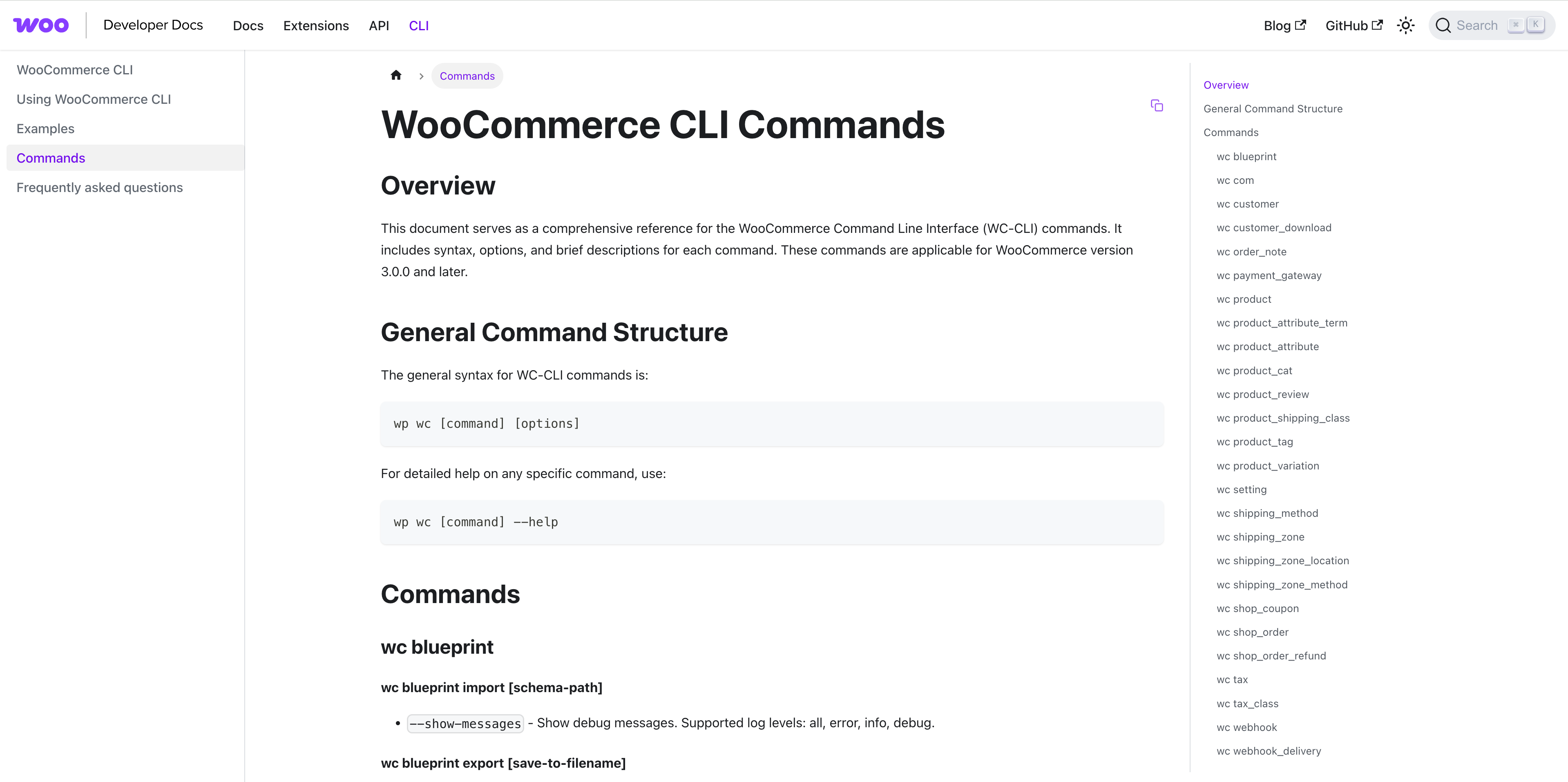 Screenshot of the WooCommerce CLI Commands documentation, displaying the overview and general command structure for the WooCommerce Command Line Interface, including examples of command syntax and options.